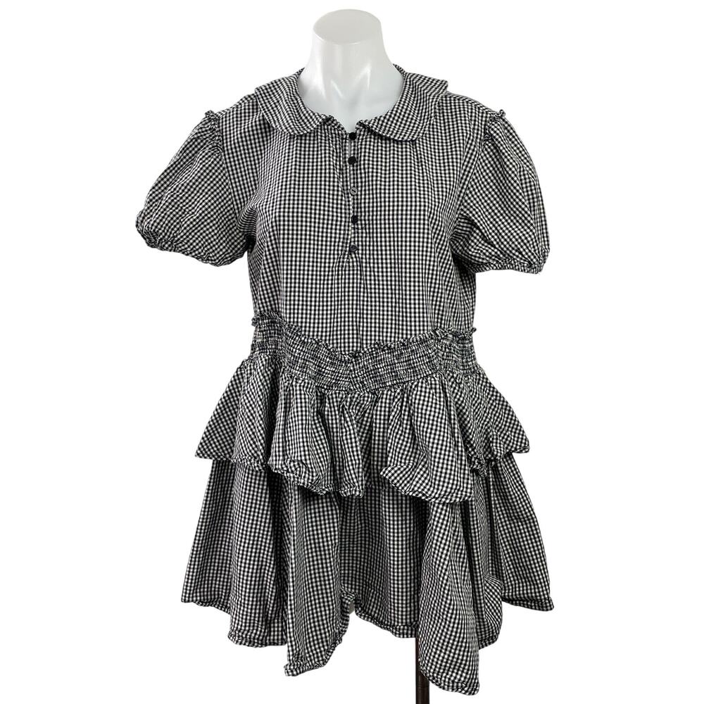 Urban Outfitters Claire Black Gingham Check Short Sleeve Babydoll Mini Dress M